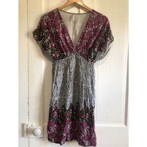Boho Paisley Rose Floral V-Neck Empire Waist Mini Dress Indie Romantic S